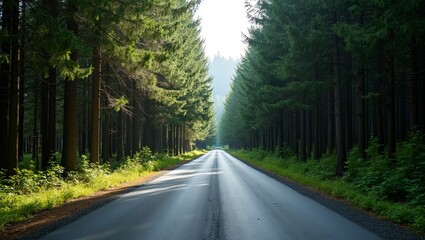 Fototapeta premium Serene forest road bordered by tall spruce trees under dappled sunlight