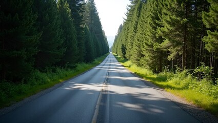 Obraz premium Serene forest road bordered by tall spruce trees under dappled sunlight