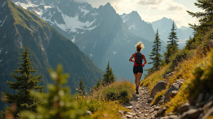 Trail running in the mountains, 16:9 widescreen, 300 dpi, with free space for text