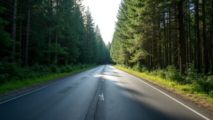 Obraz premium Serene forest road bordered by tall spruce trees under dappled sunlight