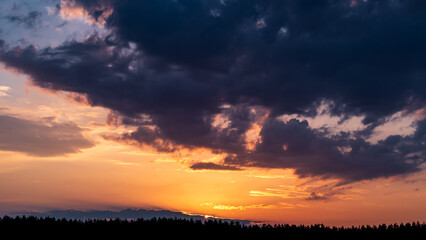 Real majestic sunrise sundown sky background with gentle colorful clouds without birds over forest.