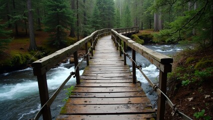 Obraz premium Rustic wooden footbridge over forest stream surrounded by lush greenery