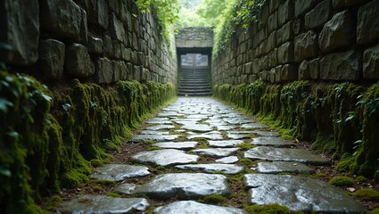 Obraz premium Mysterious pathway to ancient castle with moss covered stones and ivy walls