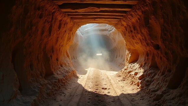 Rough dirt tunnel with wooden beams dim light illuminating dust particles