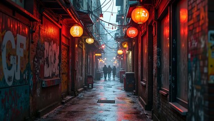 Fototapeta premium Urban alley with neon signs graffiti and steam