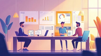 Three men in a modern office with laptops, charts and graphs, discussing data and strategies.