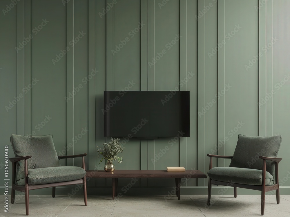 Wall mural a modern living room with two armchairs. a coffee table. and a flat screen tv mounted on a green woo