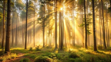 Fototapeta premium A misty morning forest with golden light filtering through the trees, golden light, woodland, nature, misty morning, outdoor atmosphere
