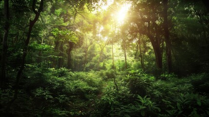 Fototapeta premium A tranquil forest glade with sunlight filtering through lush green foliage, Nature setting with forest tranquility, Serene style