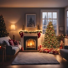 fireplace with christmas decorations, living room decor with christmas tree and presents.