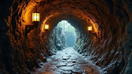 Naklejka premium Mysterious tunnel through rocky cliff with lanterns and wooden beams