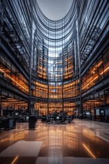 Fototapeta premium Modern, Glass-Walled Office Interior with Dramatic Curved Atrium, Reflecting Warm Light at Dusk