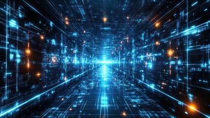 Fototapeta premium A digital tunnel of glowing blue and orange lines, representing data flow and technology.