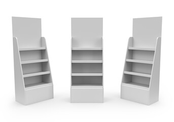 Supermarket Promotional Display Rack, Empty Product Display, PDQ Display Box With Three Different View, Floor Stand Display. 3D Rendered.