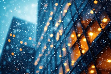 View of a snowy day in the city, with large skyscrapers framed by a flurry of falling snowflakes