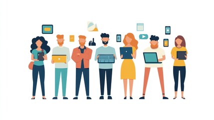 Obraz premium A diverse group of people are using various devices, representing the modern digital lifestyle.