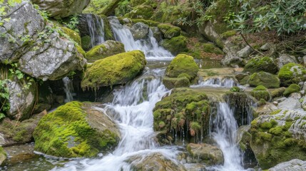 Fototapeta premium A tranquil forest waterfall cascading over moss-covered rocks, Nature setting with waterfall beauty, Serene style
