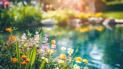 Obraz premium A tranquil garden with blooming flowers and a peaceful pond, Botanical setting with natural beauty, Serene style