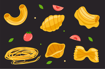 Different type of pasta noodles isolated set. Vector flat graphic design cartoon illustration