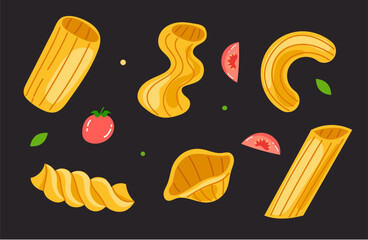 Different type of pasta noodles isolated set. Vector flat graphic design cartoon illustration