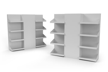 Supermarket Promotional Display Rack, Empty Product Display, PDQ Display Box With Two Different View, Floor Stand Display. 3D Render Illustration. 