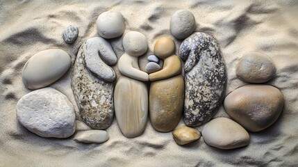 Pebble Art, Family portrayed by using pebbles on shore. Generative AI.