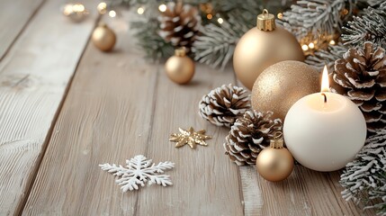 Christmas table with snowy pine branches, golden decor, cozy candlelight, festive spirit