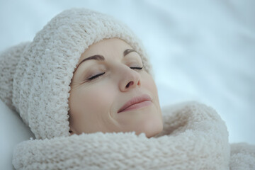 Obraz premium Mature adult caucasian woman in warm clothes relaxing and breathing fresh winter air