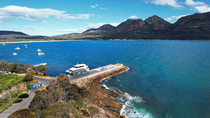 Fototapeta premium Tasmania Coles Bay aerial view. Summer vacation by car