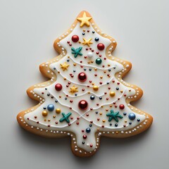 Christmas sugar cookie on white background, top view. Festive cookie decorated with colorful icing, shaped in a holiday theme like a star, tree, or snowflake