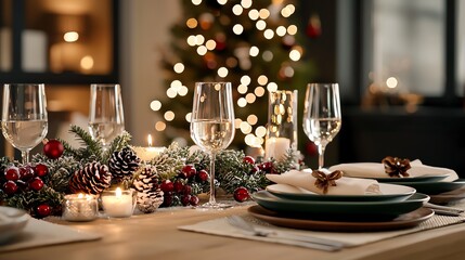 Red and green Christmas table, pinecone centerpiece, snowdusted branches, festive charm