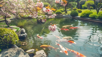 Obraz premium A tranquil Japanese garden with a serene koi pond and blooming cherry blossoms, peaceful setting with delicate colors, Zen style