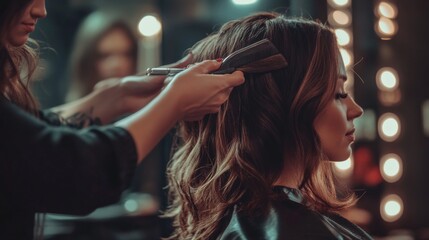 Fototapeta premium Hair stylist blow-drying a woman's wet hair in a salon, focus on beauty and hair care, indoor setting with natural lighting.