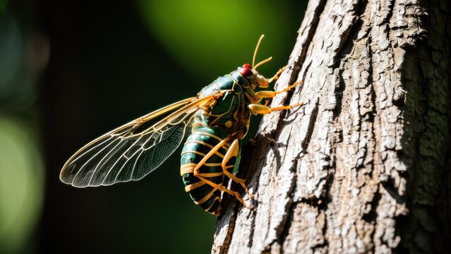 Capture the essence of summer with this detailed image of a chicharra, surrounded by the serene beauty of a blurred outdoor setting.