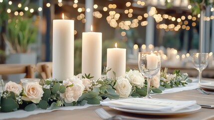 Traditional table with candle centerpieces, evergreen garlands, cozy ambiance