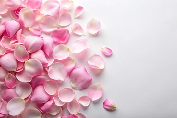 delicate pink rose petals scattered on a soft white background, soft focus, gentle bloom, botanical subject, flower petals, pink flowers