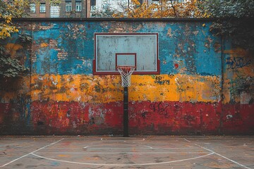 Colorful street art graffiti splashed on the wall, creating a dynamic backdrop for a basketball hoop