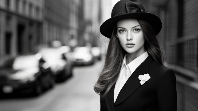 Urban Chic: A captivating monochrome portrait of a stylish woman in a fedora and tailored suit, exuding confidence and elegance against a backdrop of a bustling city street.  