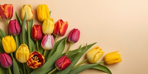 A vibrant arrangement of colorful tulips forming a floral border on a soft pink background