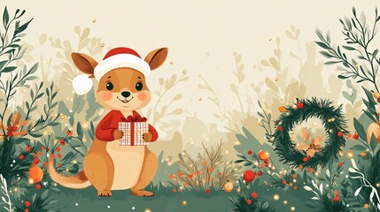 Naklejka premium Adorable illustration of a smiling kangaroo wearing a Santa hat and holding a Christmas present.