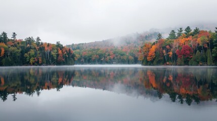 A tranquil lake surrounded by autumn foliage with mist rising from the water, serene setting with fall colors, Autumn style