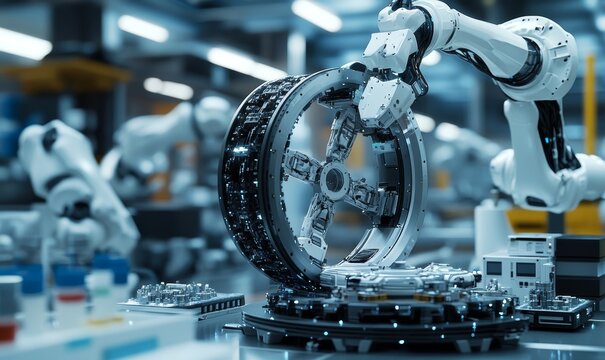 3D graphic of a laboratory setting where robotic arms are meticulously assembling and enhancing an old wheel with new-age technologies, representing the Reinvent the Wheel, Generative AI