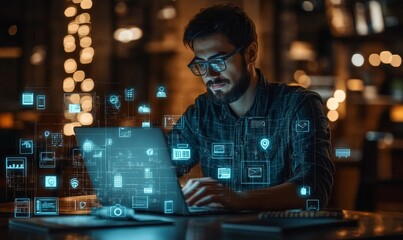 Software developer working on laptop, surrounded by icons representing concept of Minimum Viable...