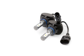 Light bulbs for car lamps. Automotive part in Silvery metallic and black color with wires and connecting elements