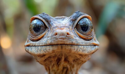 Fototapeta premium Unusual Creature with Large Eyes and Big Nose Frowning at Camera in Natural Setting Conceptual Animal Portrait, Generative AI