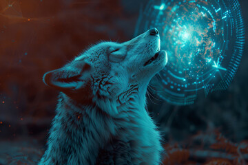Obraz premium A coyote stands in a natural setting, howling towards the night sky. Surrounding it is a vibrant digital glow, creating an ethereal ambiance that blends nature with technology
