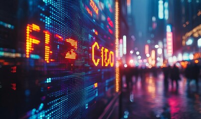Naklejka premium Dynamic business stock market display showcasing Private Credit in bright neon lights, reflecting financial data, investment trends, and private lending, Generative AI