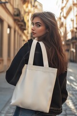 Young Woman Walking in a European City Street During Golden Hour, Carrying a Stylish Tote Bag and Wearing a Casual Outfit