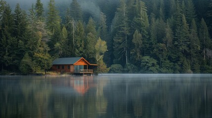 A tranquil lakeside cabin with reflections of the surrounding forest on the calm water, peaceful setting with morning mist, Cozy style
