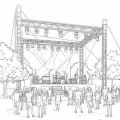 Fototapeta premium A vibrant music festival with bands playing, coloring page for kids, simple outline illustration. Coloring book, simple lines.